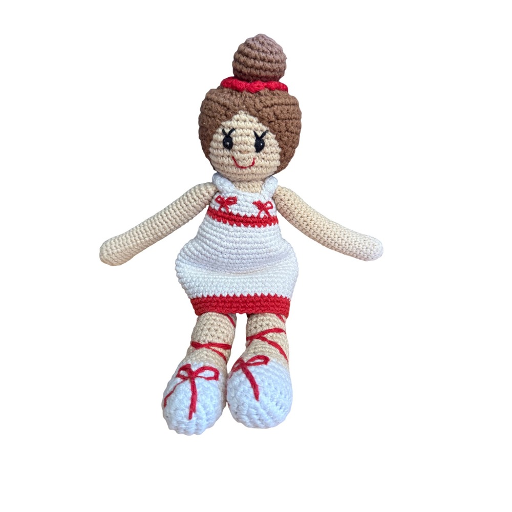 Pebble Child Handmade Crochet Ballerina Doll White Red 100% Cotton Amigurumi 12"